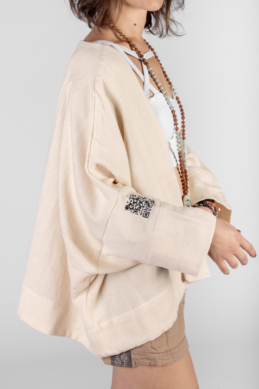 Tezgah Dokuması Özel Üretim Nakışlı Krem Kısa Kimono