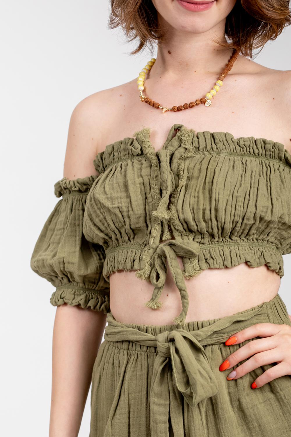 Müslin Kumaş Haki Kollu Crop