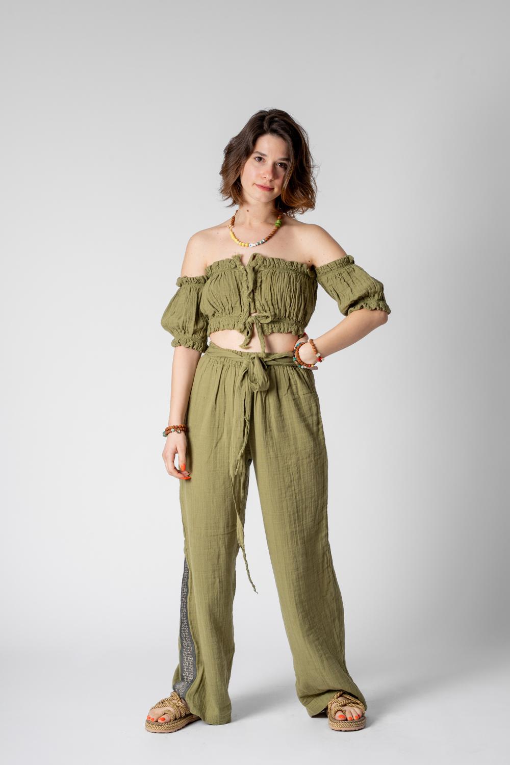 Müslin Kumaş Haki Crop Pantolon Takım
